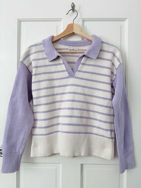 LL Bean Signature Lavender & Ivory Striped V-Neck Polo Sweater Organic Cotton S